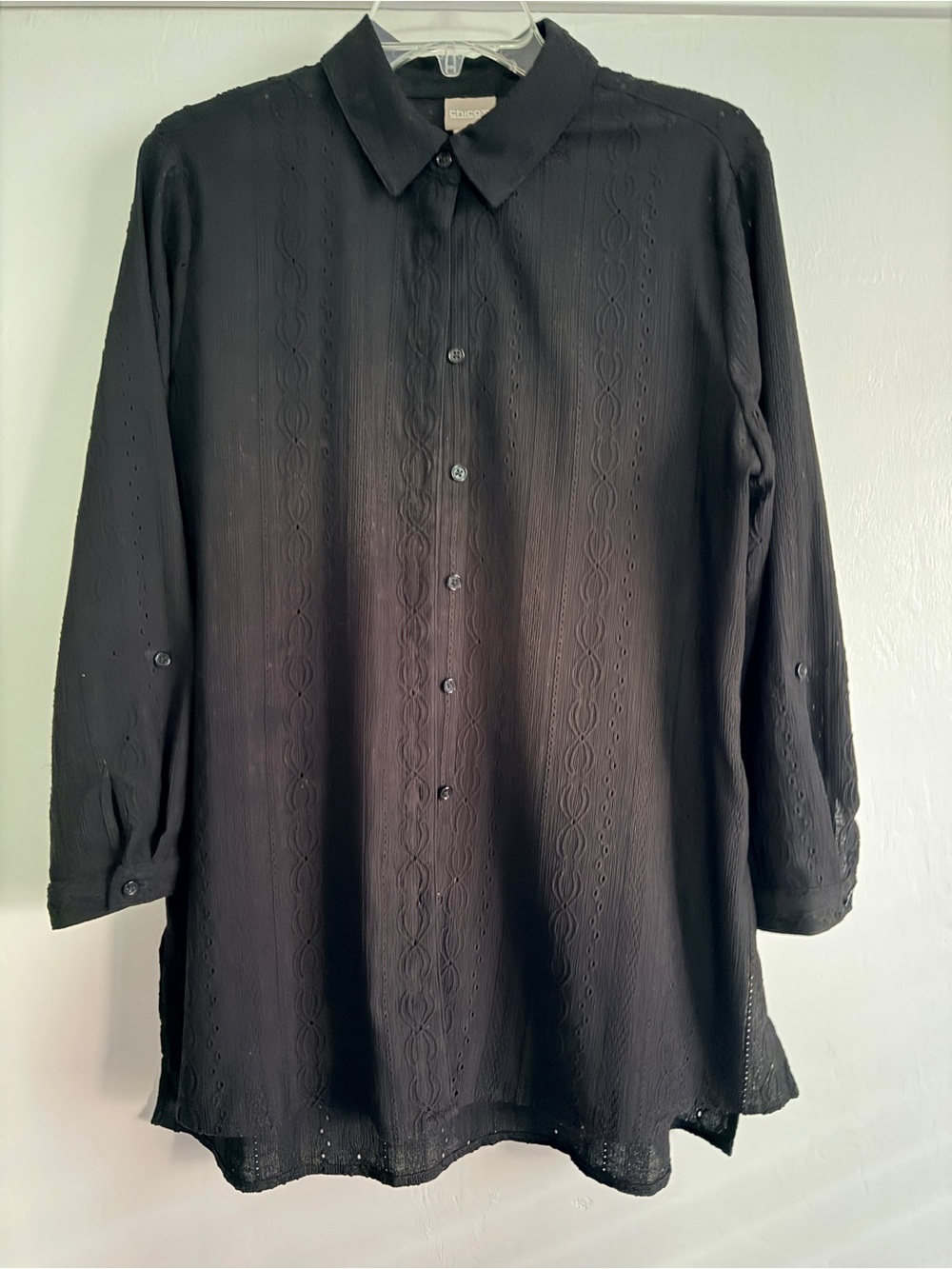Chicos Collared Knit Top with 3/4 sleeves with Intricate Pointelle Detailing